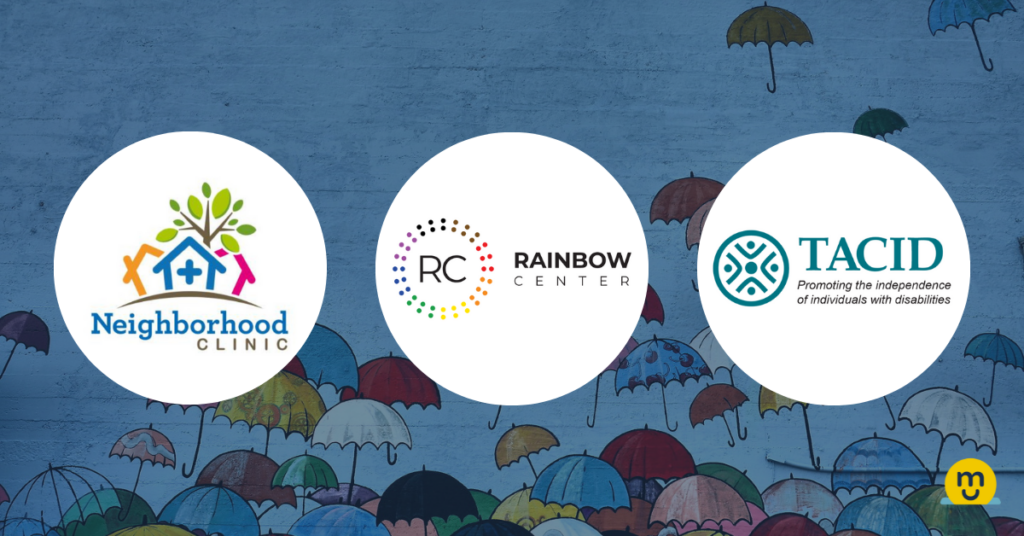 Logos for Neighborhood Clinic, Rainbow Center, and TACID appear in front of a semi-transparent mural image.