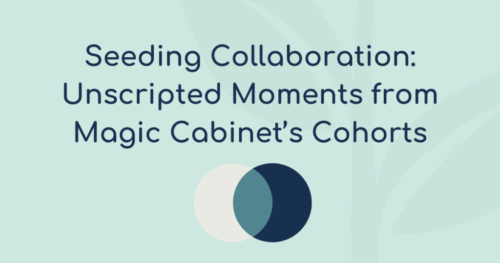 The words 'seeding collaboration: unscripted moments from Magic Cabinet's Cohorts' appear in front of a teal background with a seedling and two overlapping circles below the words
