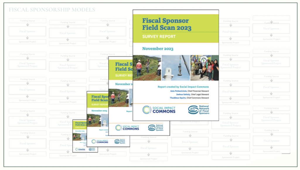 A survey titled 'Fiscal Sponsor Field Scan 2023' is in front of a background image highlighting various fiscal sponsorship models.