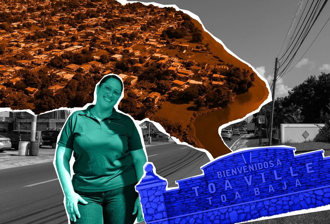 A graphic featuring multi-colored images of a Toa Baja sign, a neighborhood with a road running through it, a woman smiling, and an aerial view of the Toa Baja community.