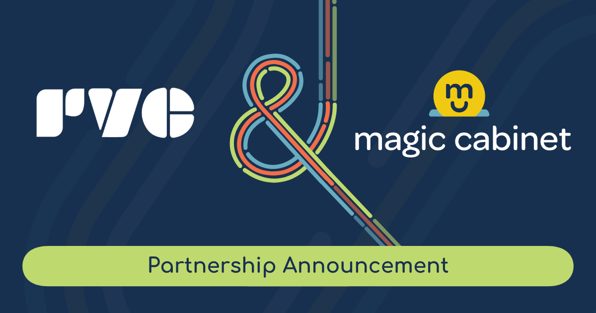 The logos for Rooted in Vibrant Communities and Magic Cabinet appear on a dark blue background. A green banner along the bottom says Partnership Announcement in dark blue.