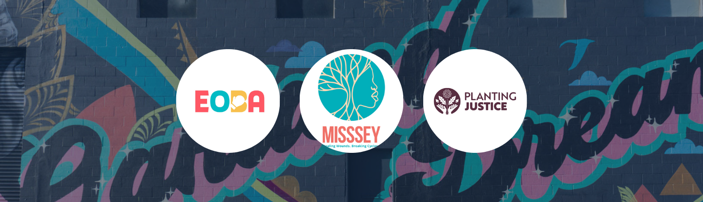Logos for East Oakland Boxing Association, MISSSEY, and Planting Justice appear in front of a semi-transparent mural background.