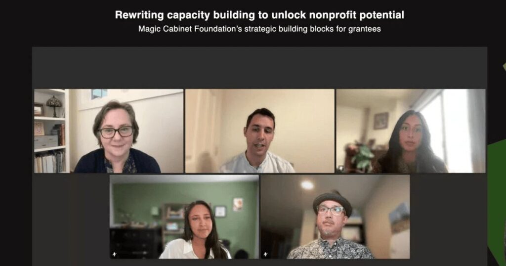 Five people appear on Zoom screens as part of a webinar titled Rewriting Capacity Building to Unlock Nonprofit Potential.