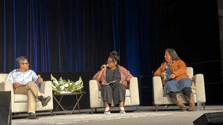 Vu Le of NonprofitAF, CC  and Rowen White of Native Voices Rising at the closing plenary of the  2026 Native Americans in Philanthropy Conference